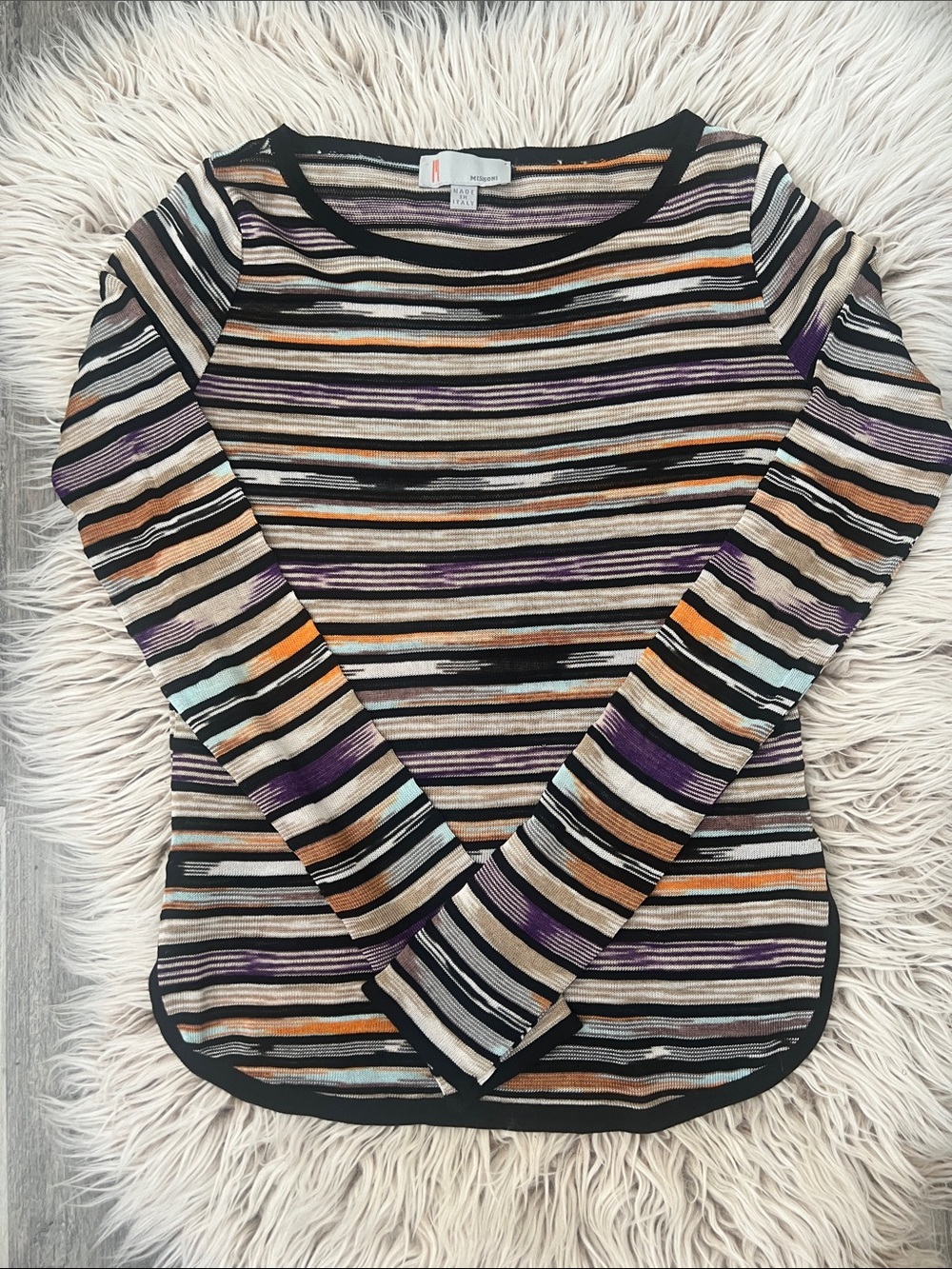 Missoni Italy Multicolor Striped Fine Knit Round Neck Sweater Top US 4 IT 40
